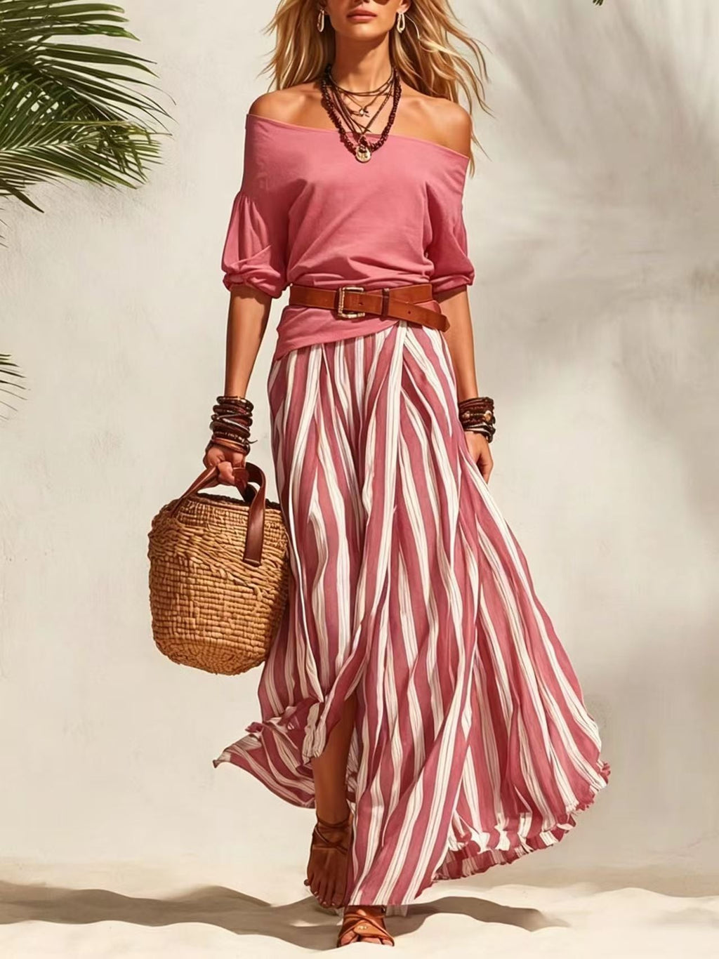Women's One-Shoulder Bubble Sleeve Top & Stripe Skirt 2-Piece Set
