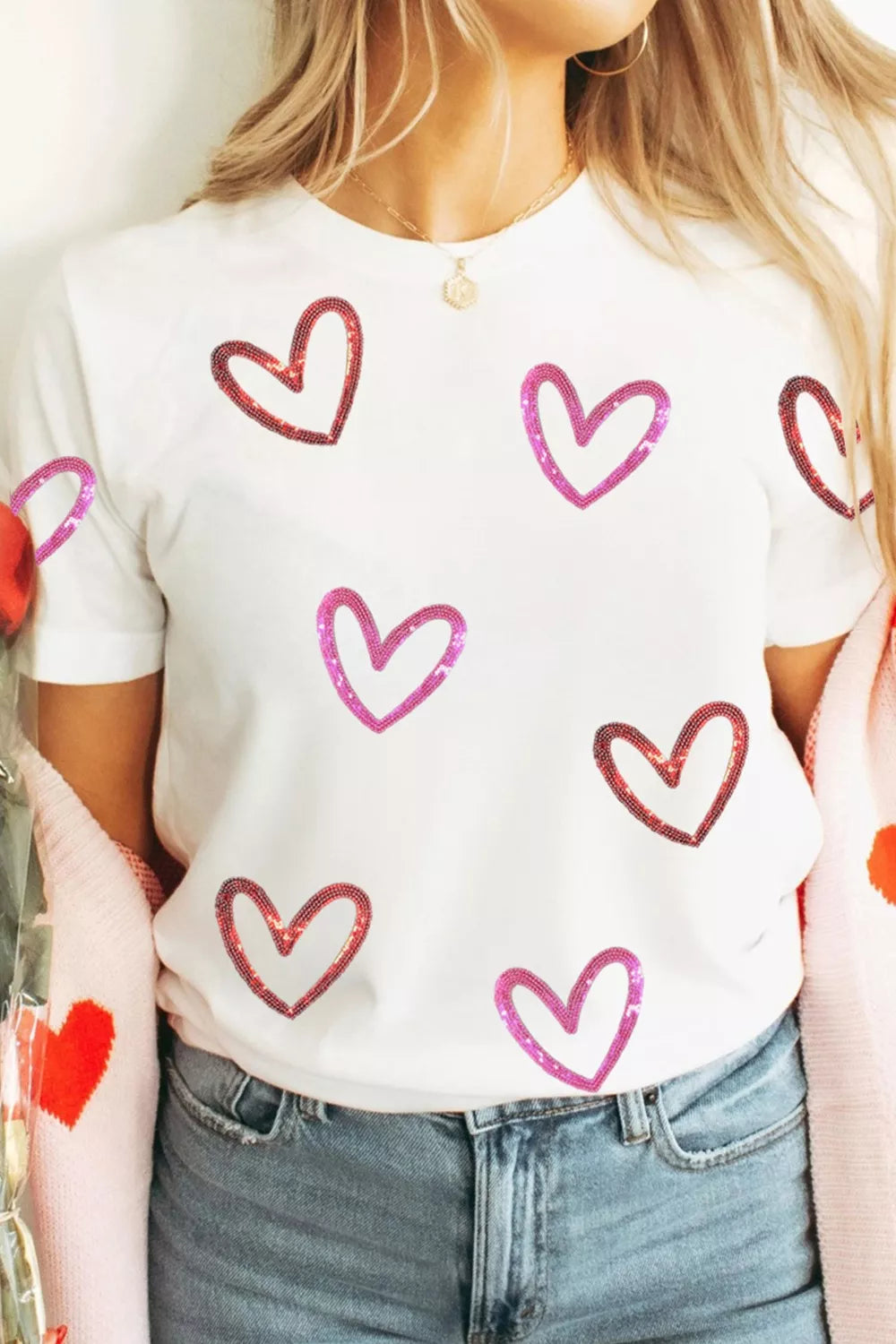 Sequin Heart Short Sleeve Casual Tee | Women's Crew Neck