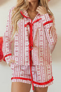 Red Sweet Floral Heart Bow Print Contrast Trim Long Sleeve Shirt Pajama Short Set