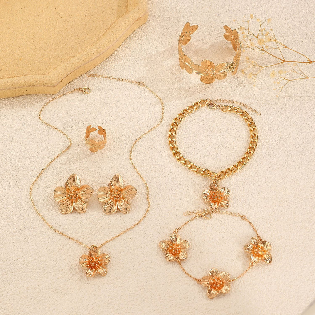 European And American Cross-Border Jewelry Pleated Texture Design Flower Earrings Necklace Bracelet Anklet Ring Bracelet Set For Women