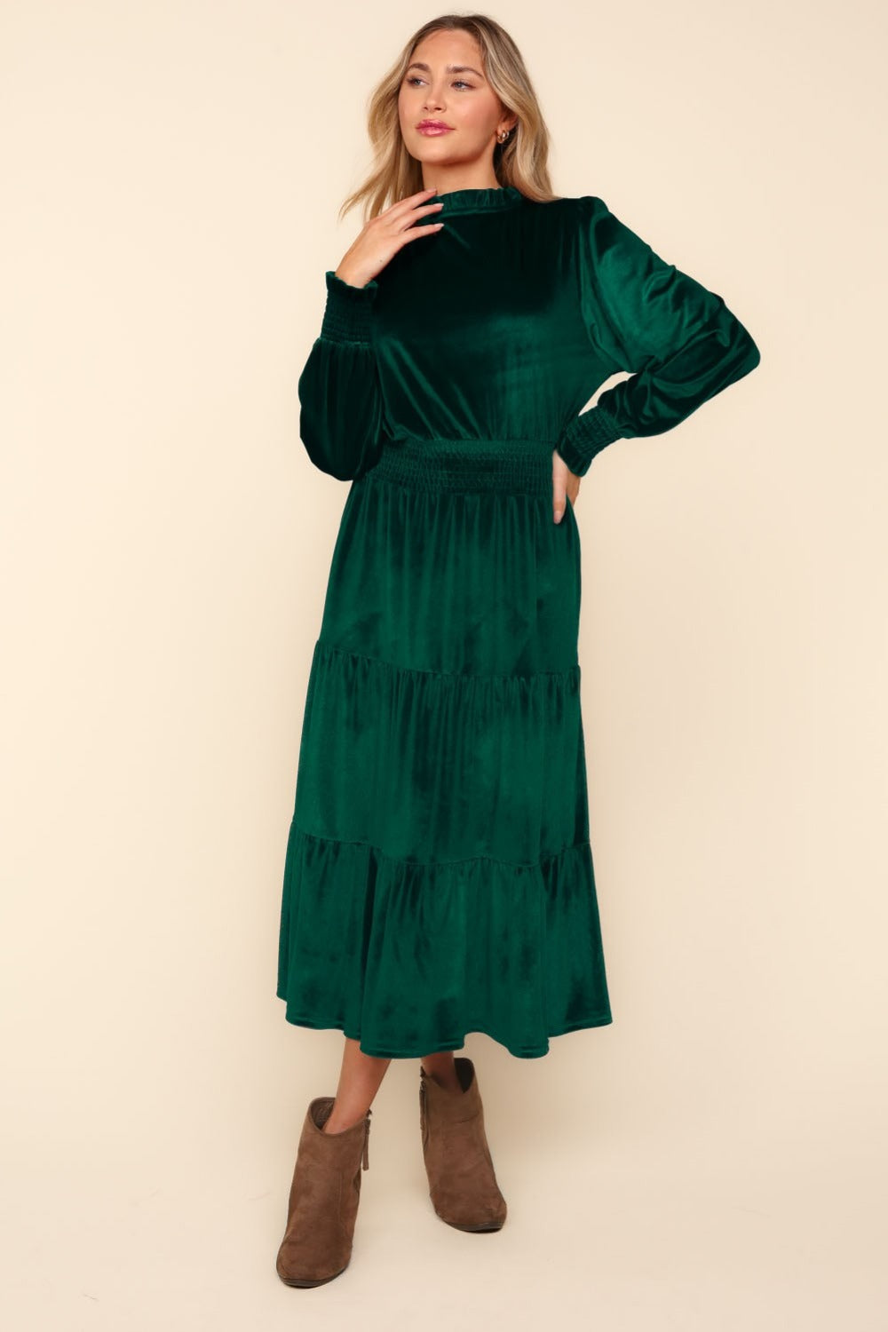 Mock Neck Smocked Waist Velvet Tiered Mini Dress