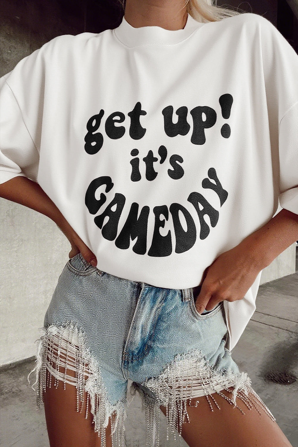 112 Beige GAME DAY Slogan Printed Half Sleeve Oversize T-Shirt