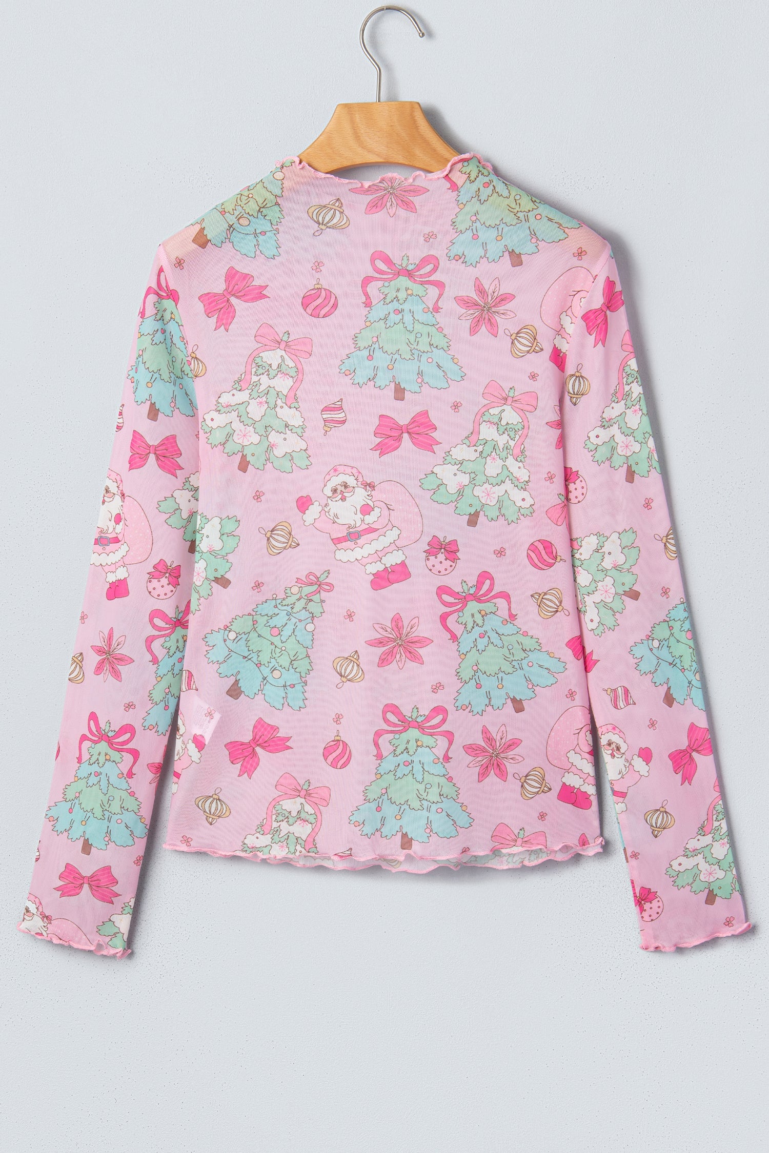 Christmas Mesh Lettuce Trim Long Sleeve Top