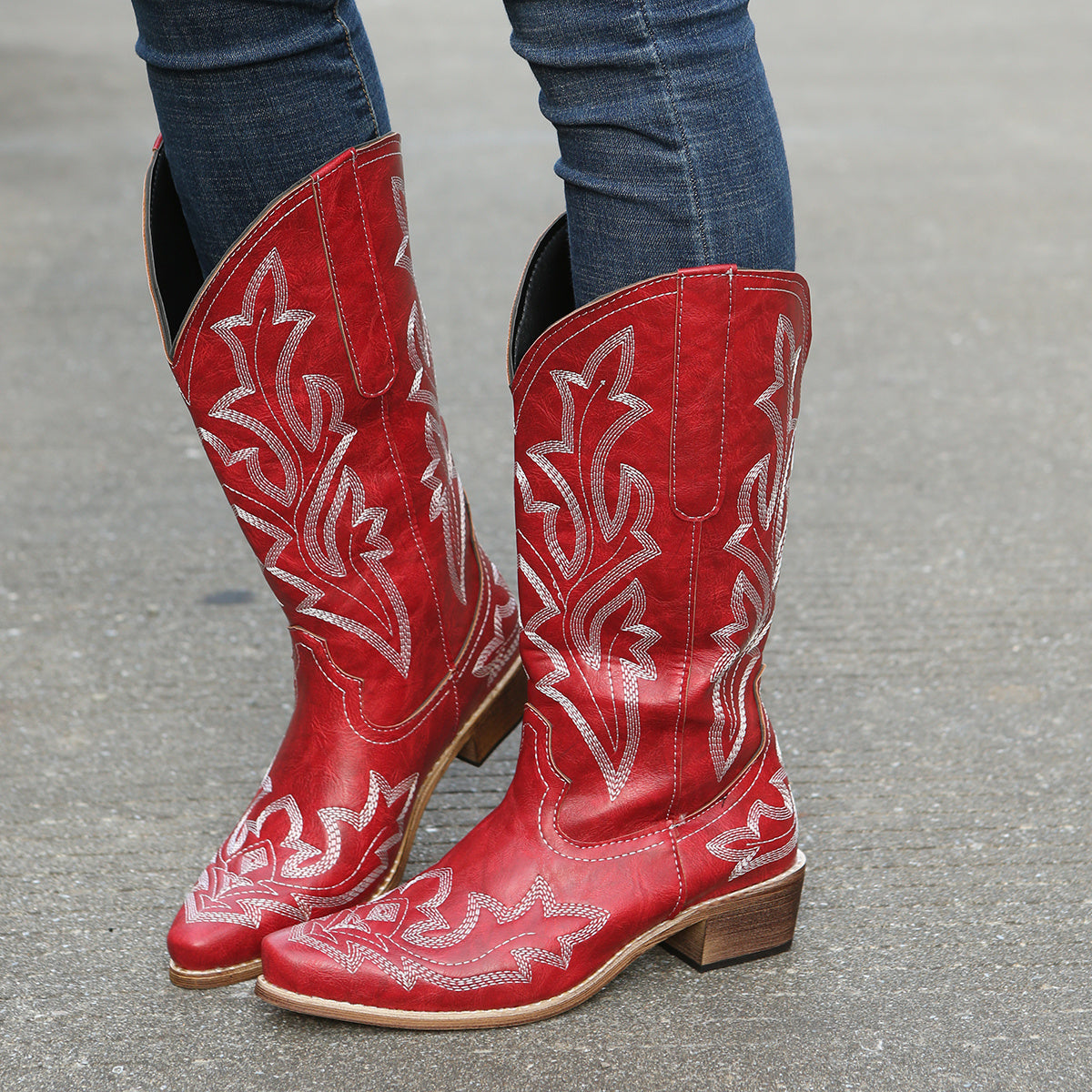 Women's Mid Calf Red Western Cowgirl Boots with White Embroidery - Image 11