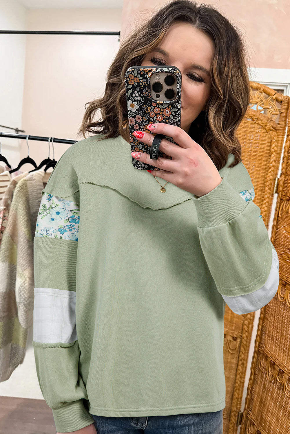Laurel Green Floral Plaid Mixed Sleeve Raw Edge Relaxed French Terry Top