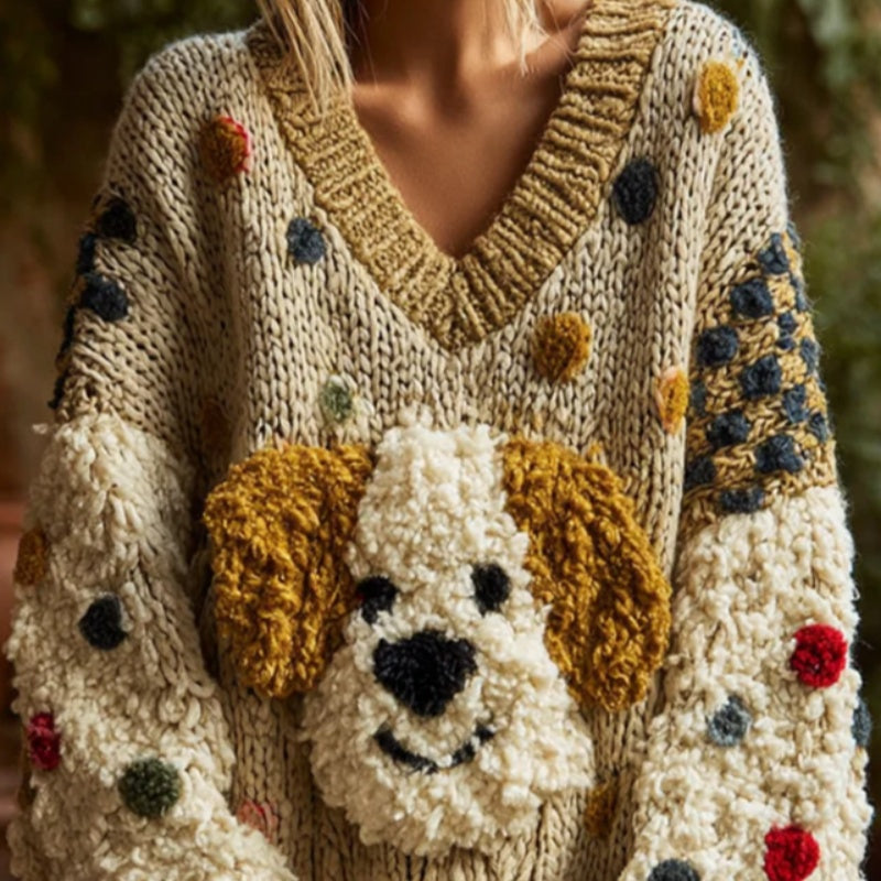 Women's V-Neck Dog Intarsia Knit Sweater for Autumn Winter - Image 2
