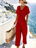 Women's V-Neck Short-Sleeve Jumpsuit with Waist Knot Detail - Image 5