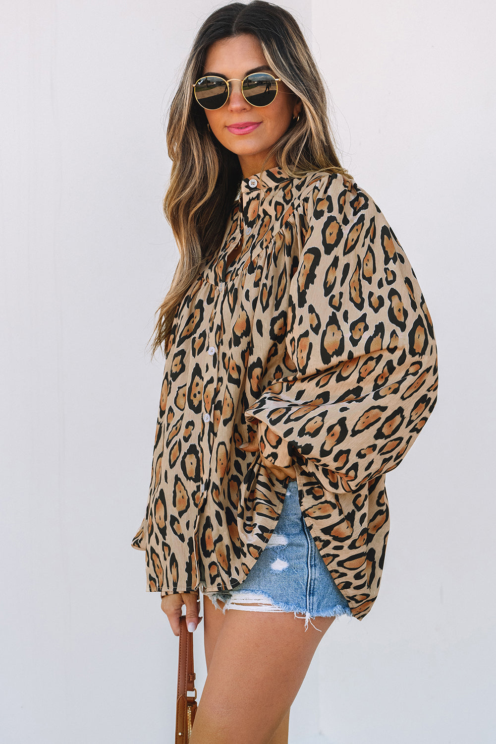Light Beige Leopard Print Oversized Balloon Sleeve Shirt