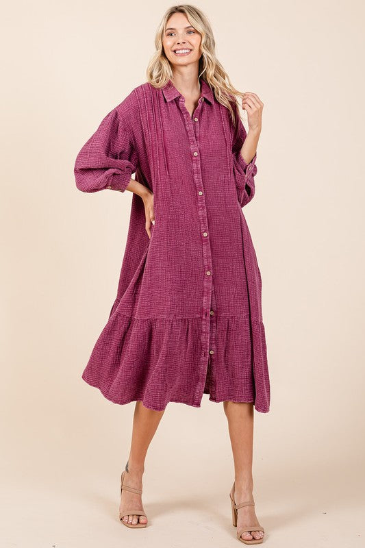 Mineral wash cotton gauze midi shirt dress featuring ruffle details and button-down front