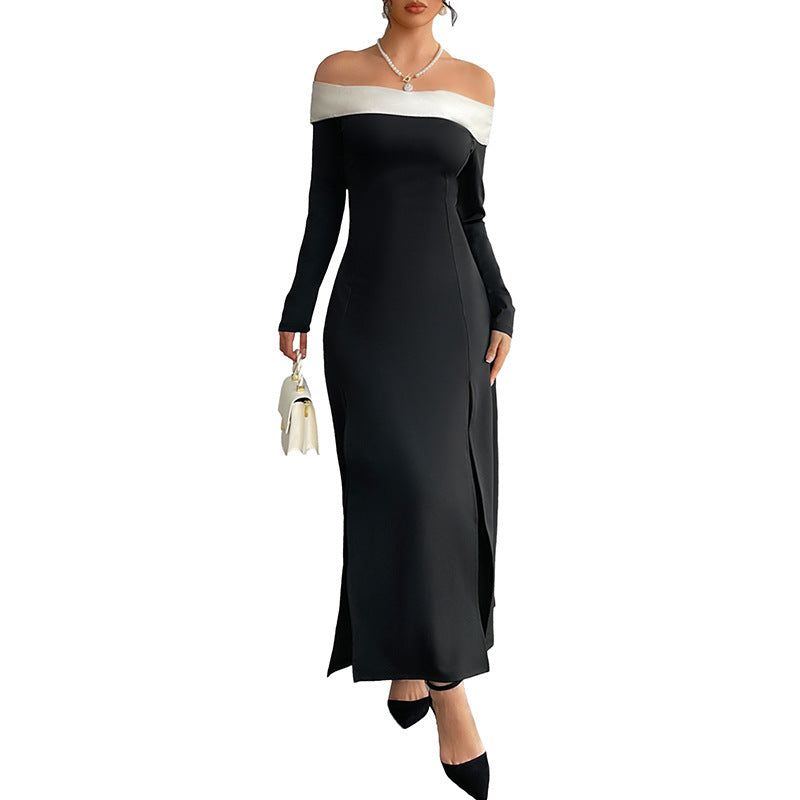 Modern One Shoulder Patchwork Slim Long Dress Black White