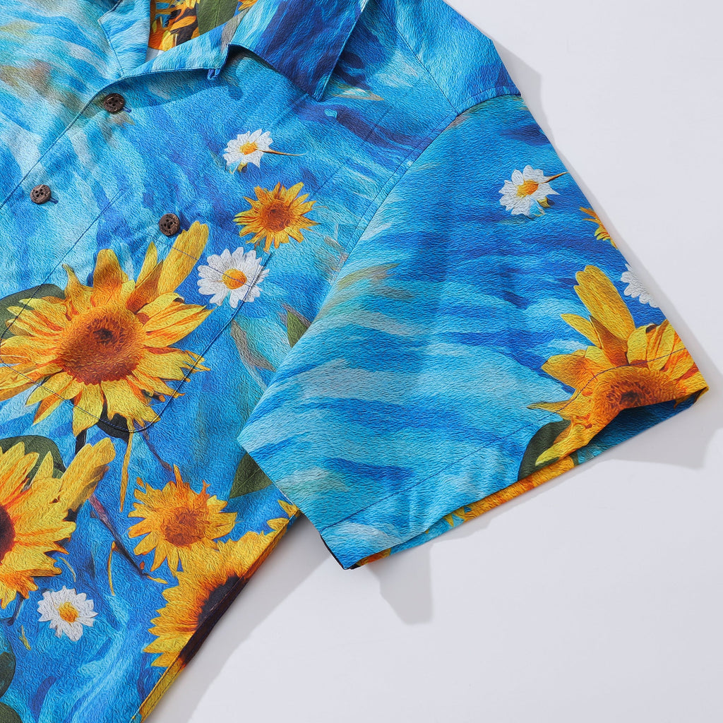Floral Sunflower Print Hawaiian Camp Collar Shirt in Yellow