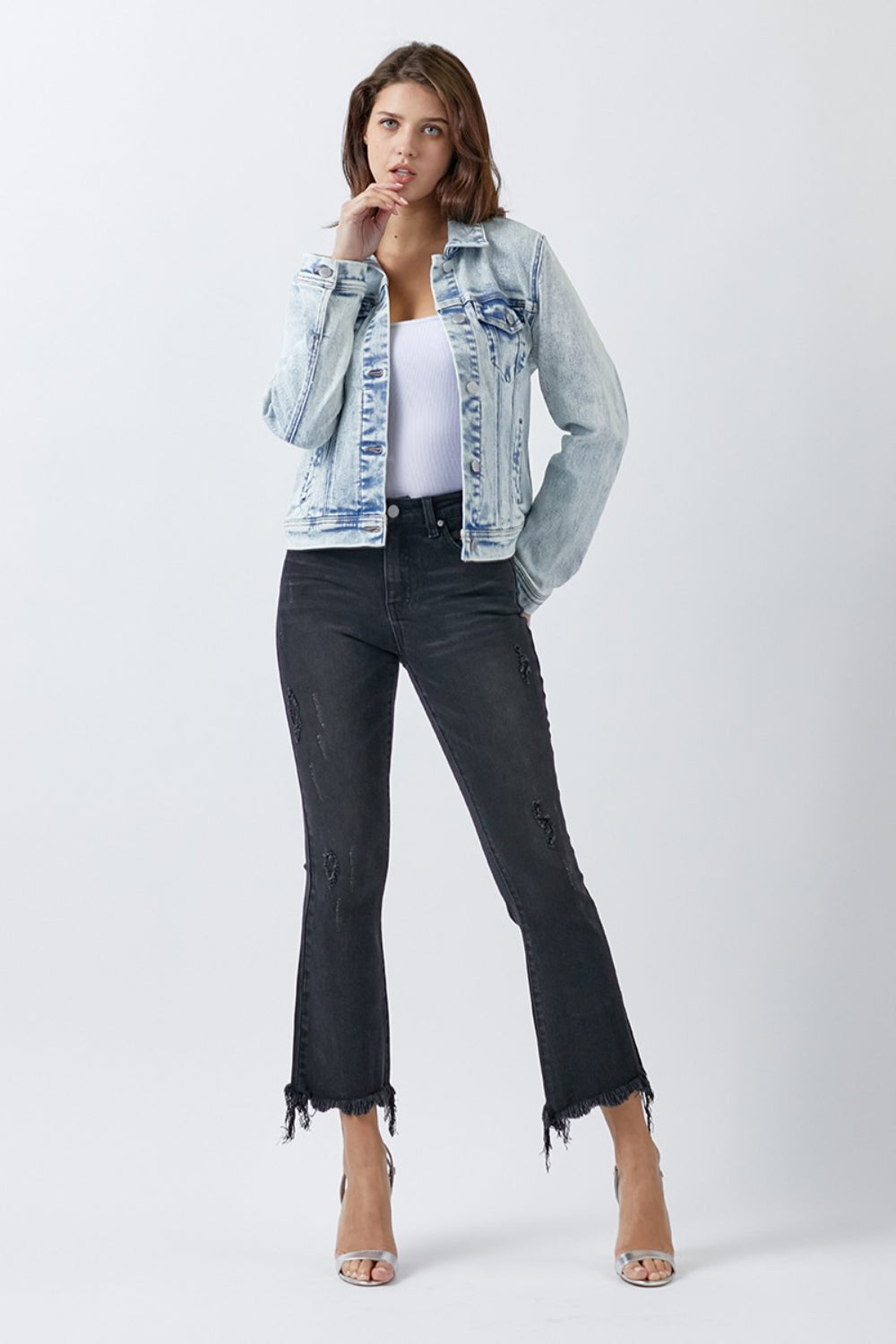 Women's Blue Washed Button Up Jacket with Pocket Detail