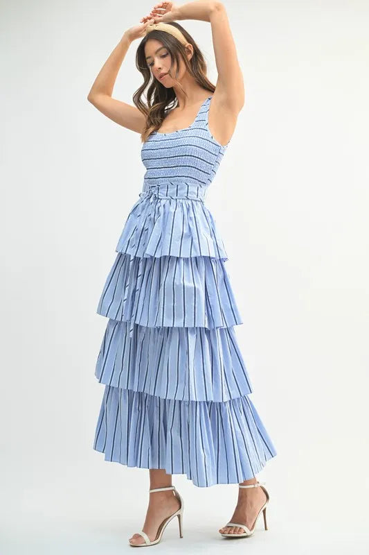 Pinstripe Smocked Bodice Layered Midi Dress in Light Blue
