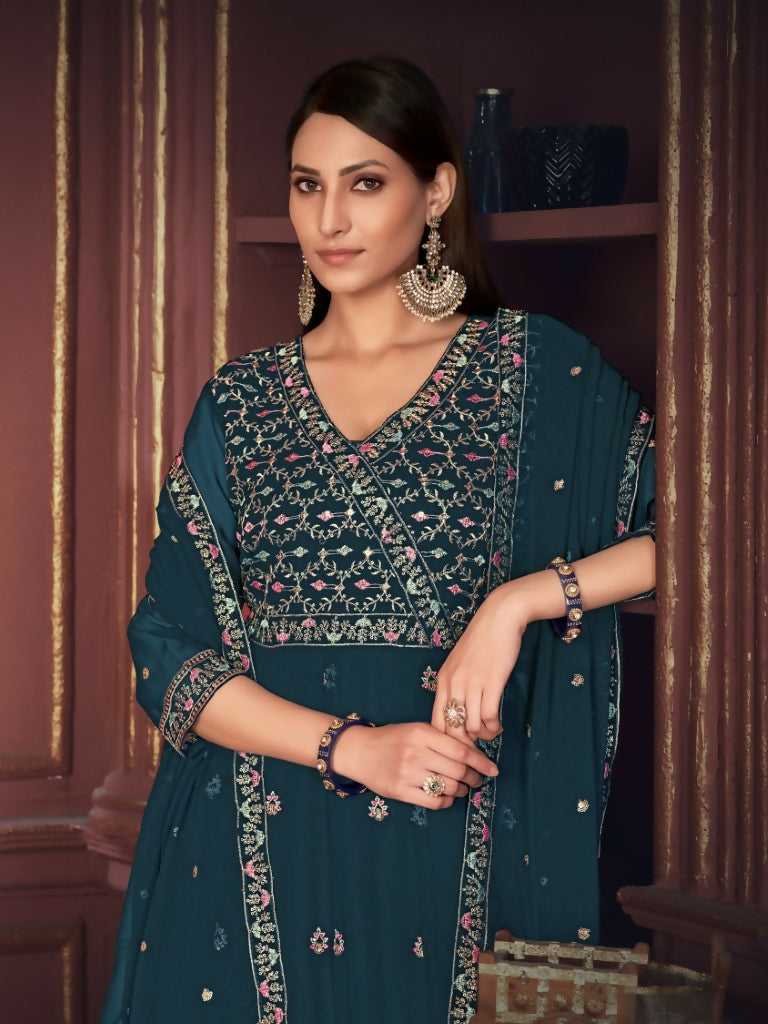 Women's Rama Georgette Floral Embroidered Anarkali Kurta Set