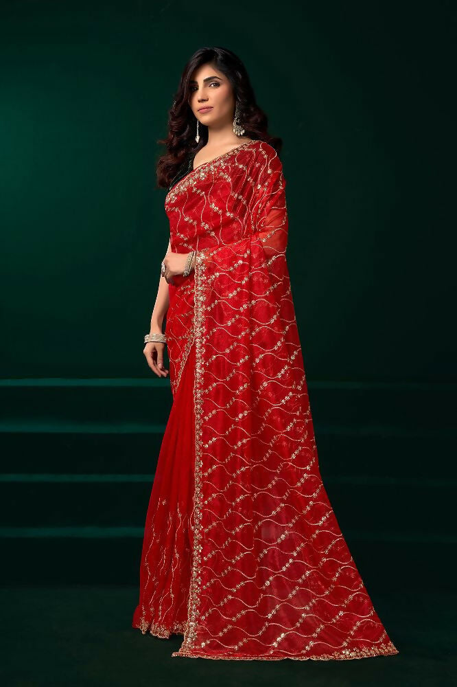 Red Net Party Wear Saree with Black Velvet Blouse