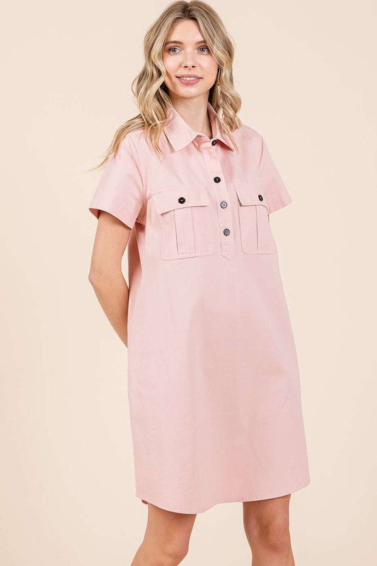 Button Detail Short Sleeve Shirt Dress