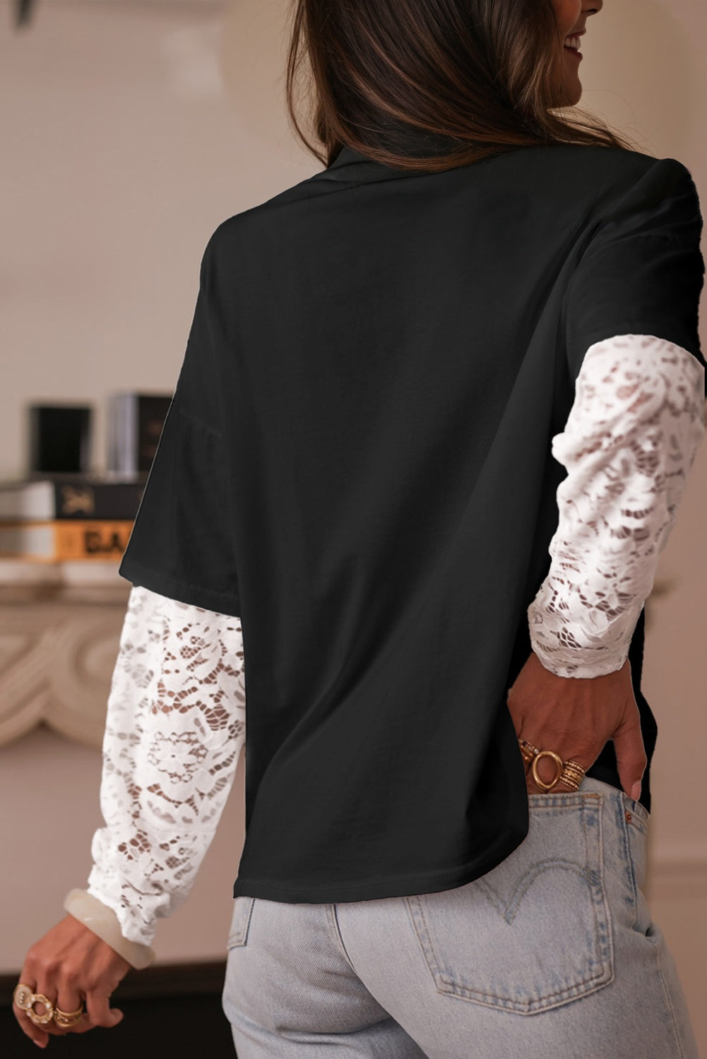 Women's Long Sleeve Drop Shoulder Tee with Romantic Lace Inserts