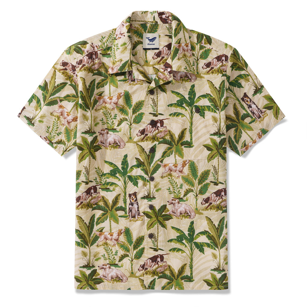 Camp collar Hawaiian shirt with a tropical rainforest and dog-themed print.