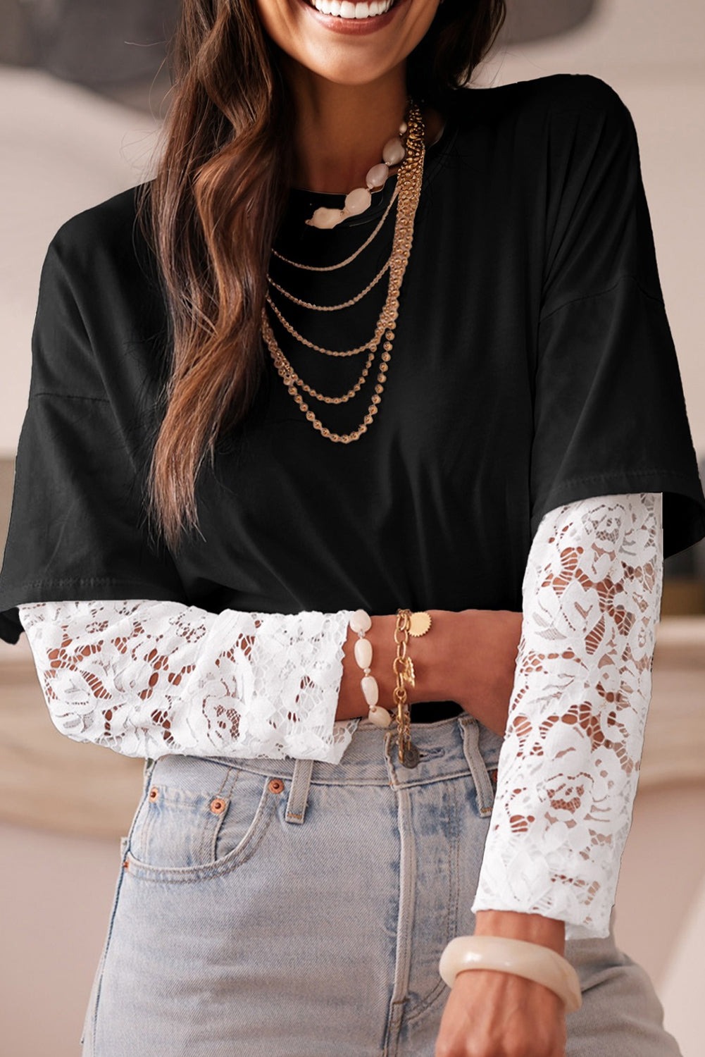 Women's Long Sleeve Drop Shoulder Tee with Romantic Lace Inserts