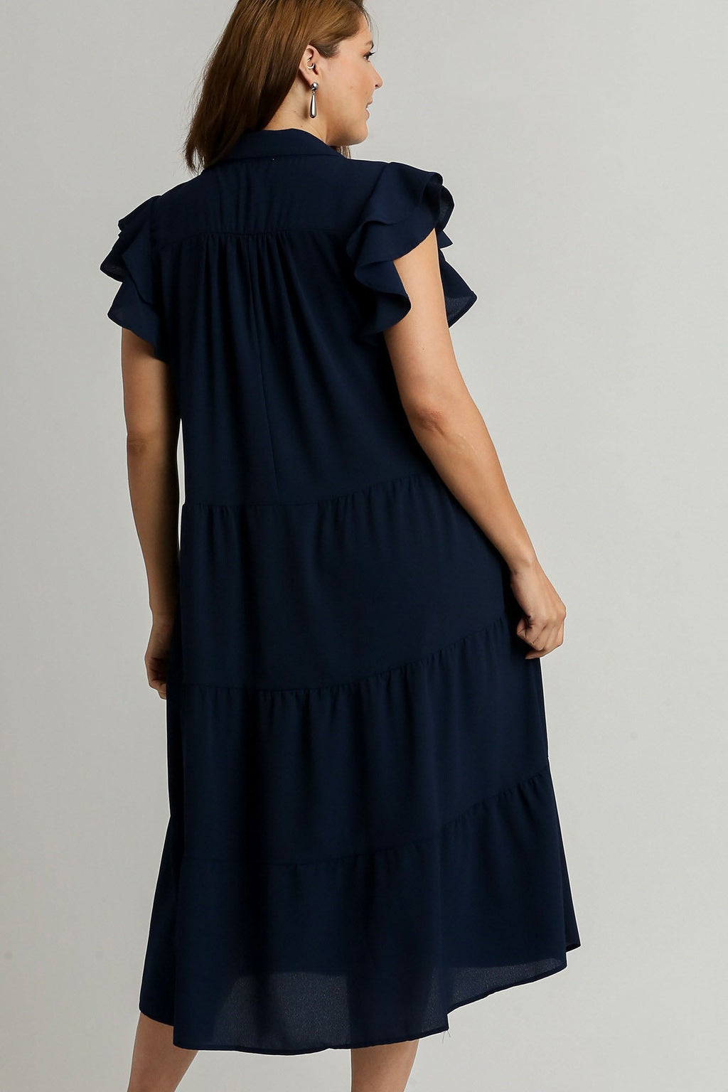 Classic Navy Ruffle Sleeve Tiered Dress with Collar