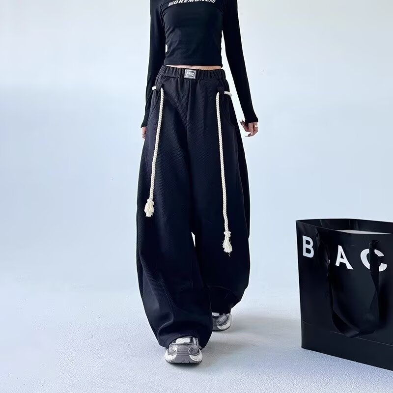 Women's Loose Fit Wide Leg Sweatpants with Rope Belt Detail - Image 6