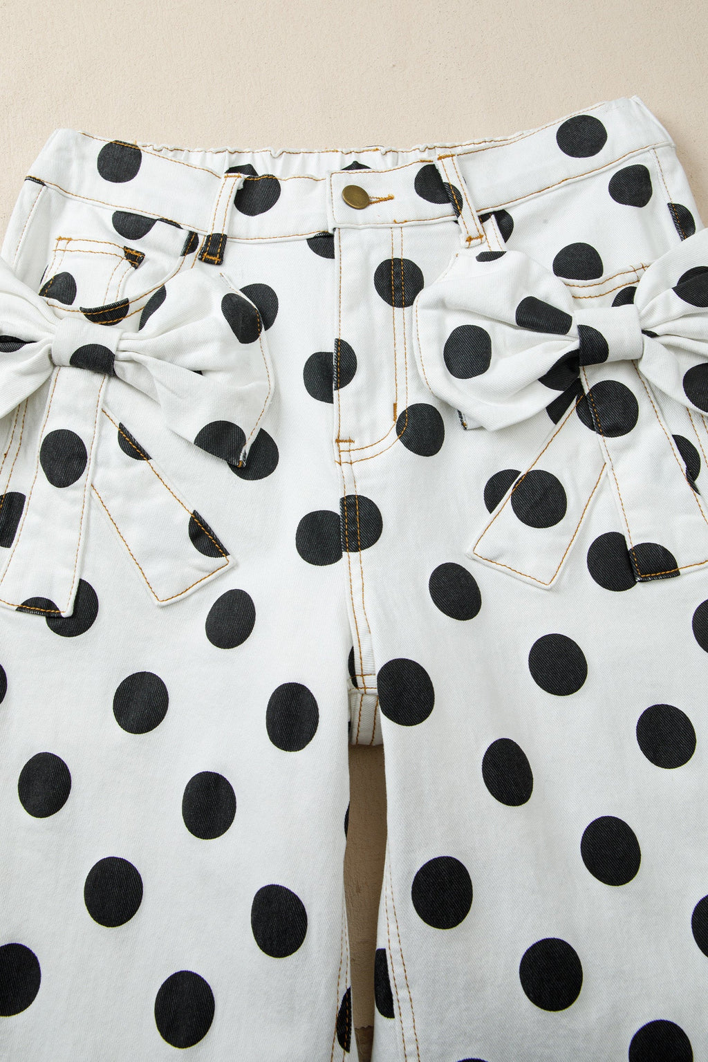 Polka Dot Denim Barrel Leg Jeans with Bow Pocket Details