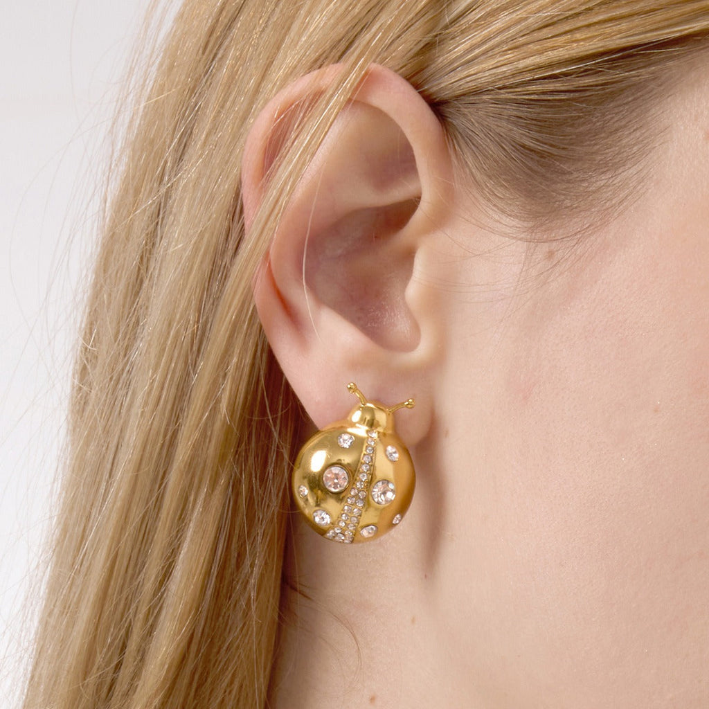 18k Gold Ladybug Necklace and Earrings Set with Zircon Details