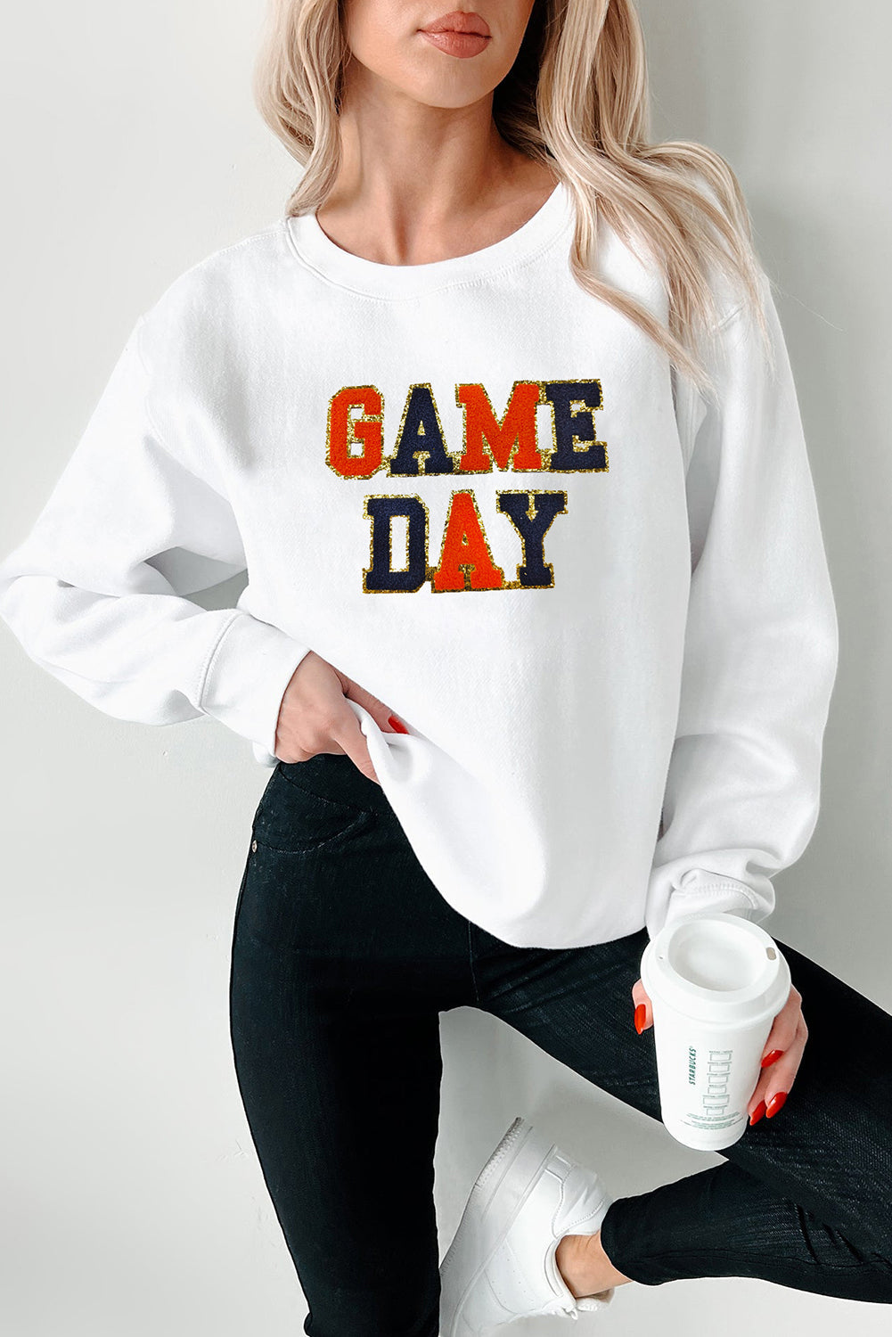 White Chenille GAME DAY Letter Terry Flocking Sweatshirt