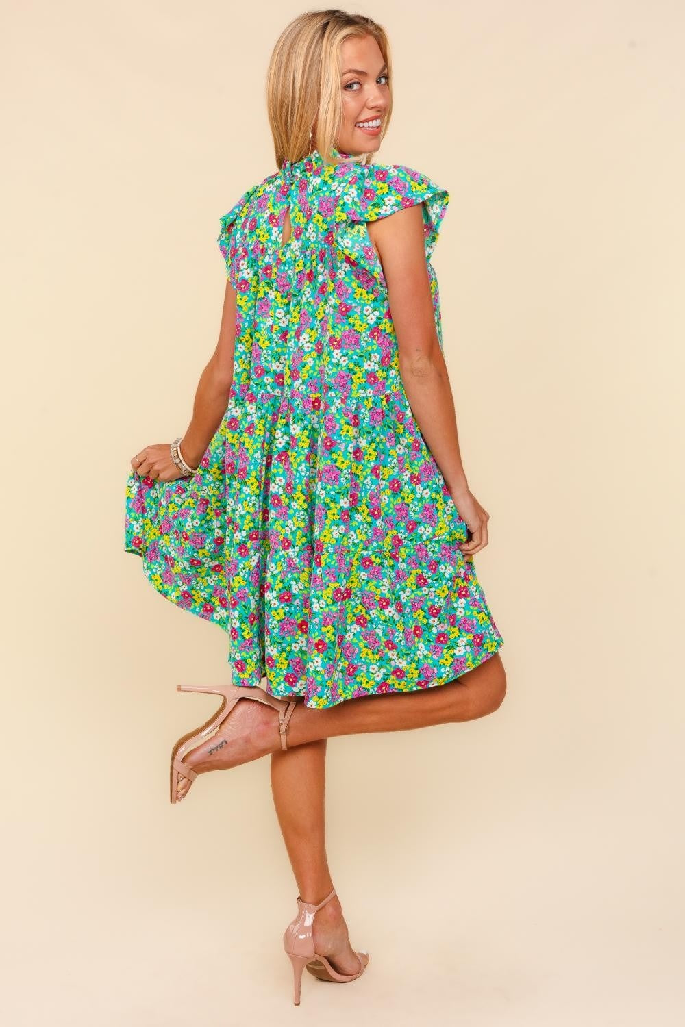 Frilled Mock Neck Ditsy Floral Tiered Dress with Pockets