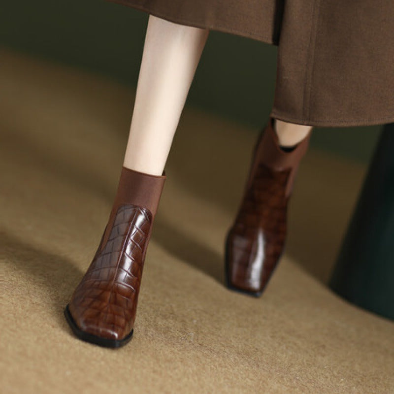 Brown Croc Embossed Square Toe Ankle Boots with Chunky Heel - Image 7