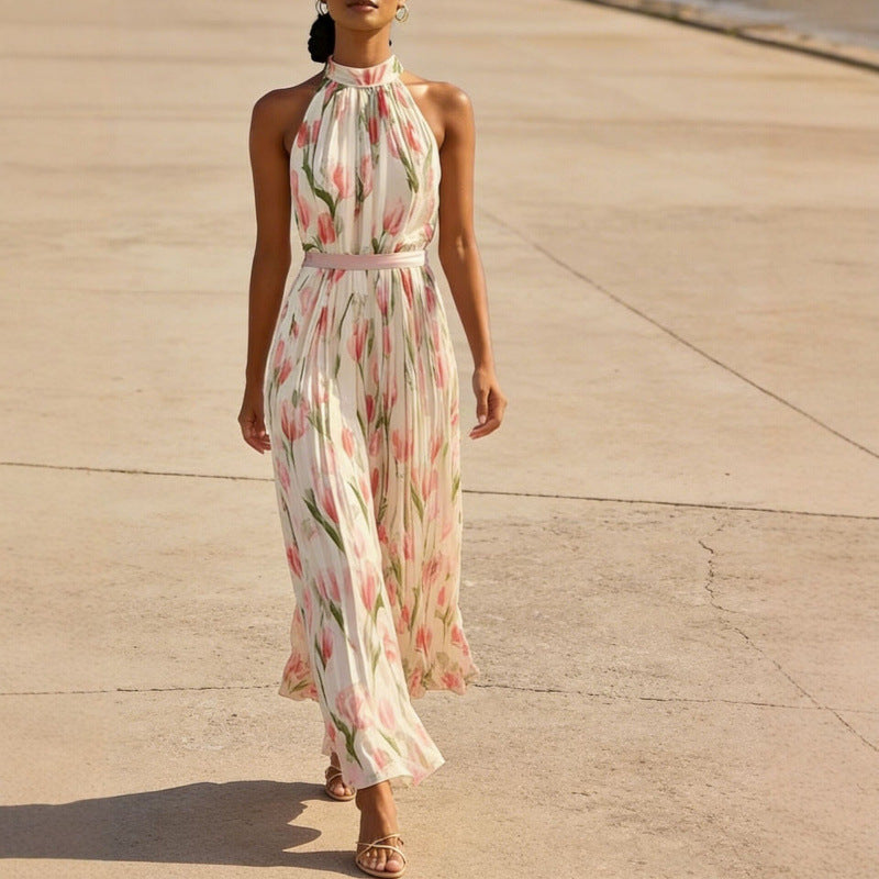 Floral Print Halterneck High-Waist Pleated Midi Dress