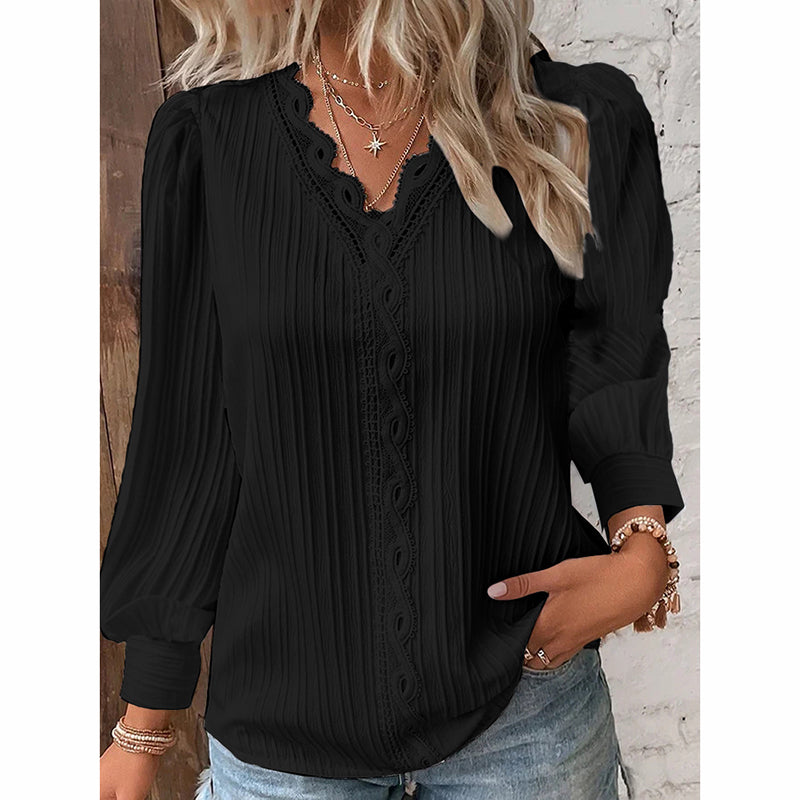 Women White Lace Trim V-Neck Blouse Long Puff Sleeve Shirt - Image 3