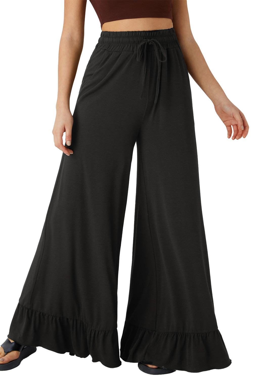 Women’s Wide Leg Knit Pants with Ruffle Hem - Relaxed Bohemian Style