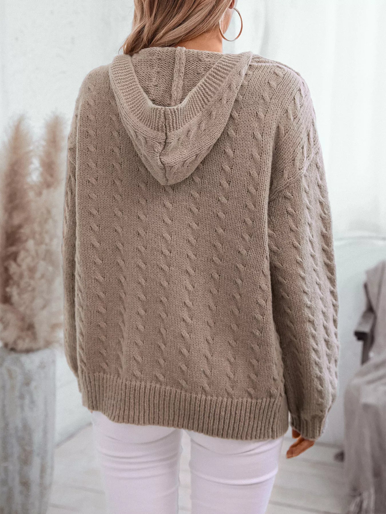 Women's Beige Cable Knit Open Front Hooded Cardigan Sweater