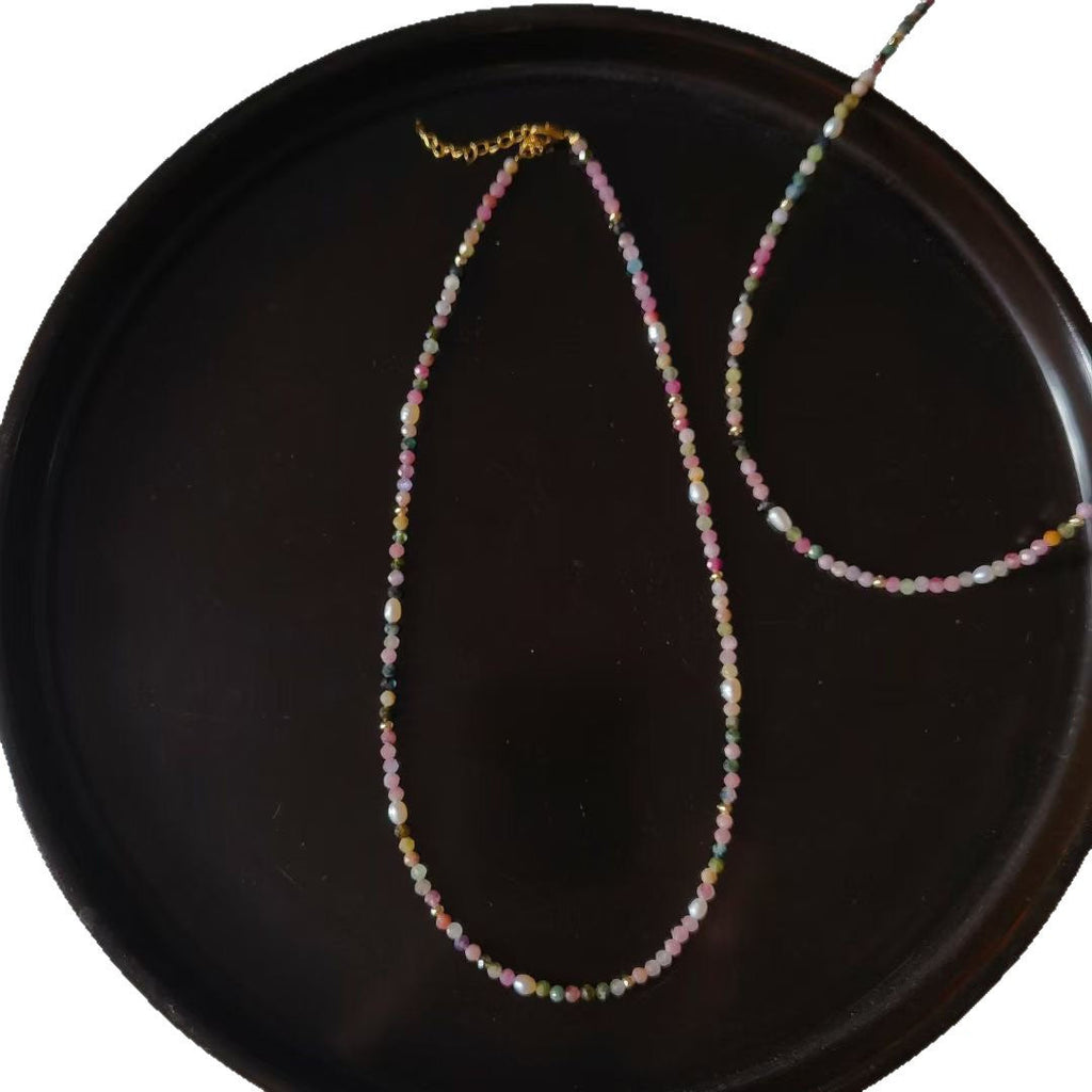 Natural Tourmaline and Freshwater Pearl Beaded Choker Necklace