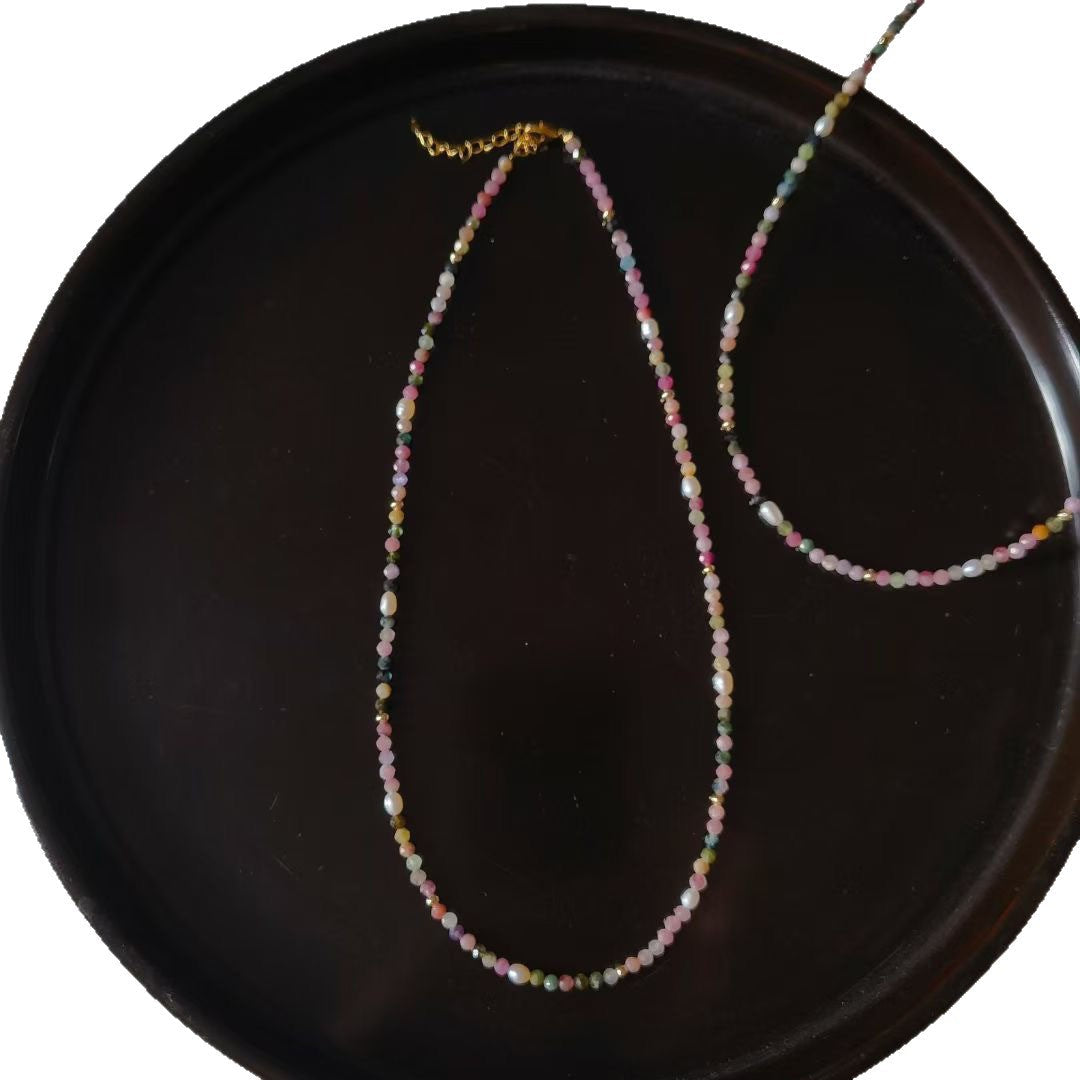 Natural Tourmaline and Freshwater Pearl Beaded Choker Necklace