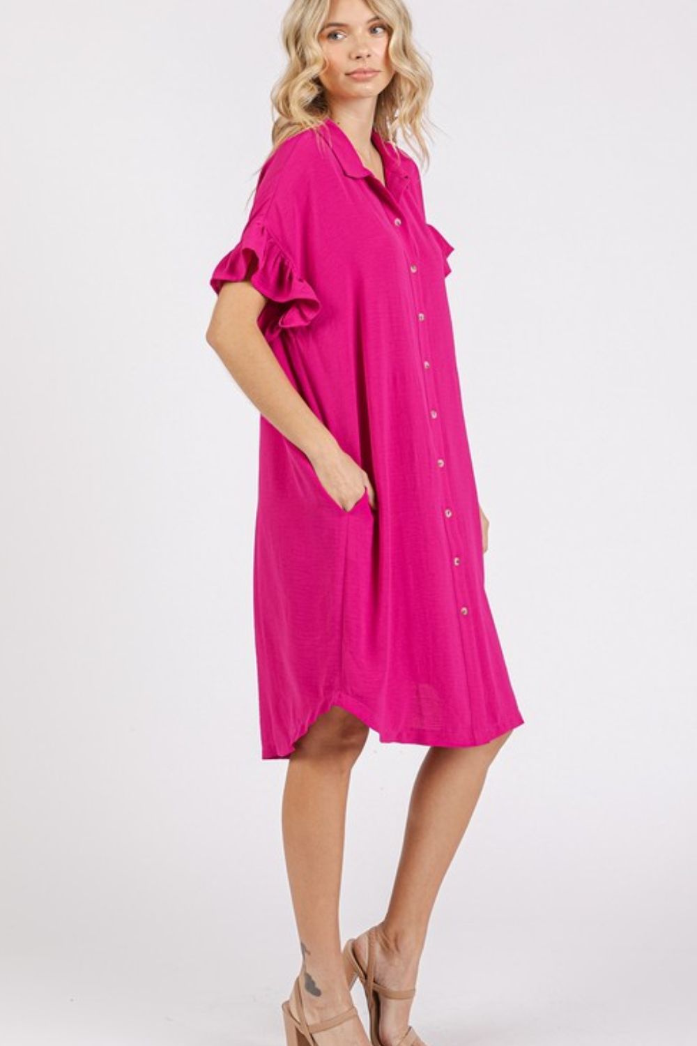 Button Down Flounce Sleeve Dress with Pockets