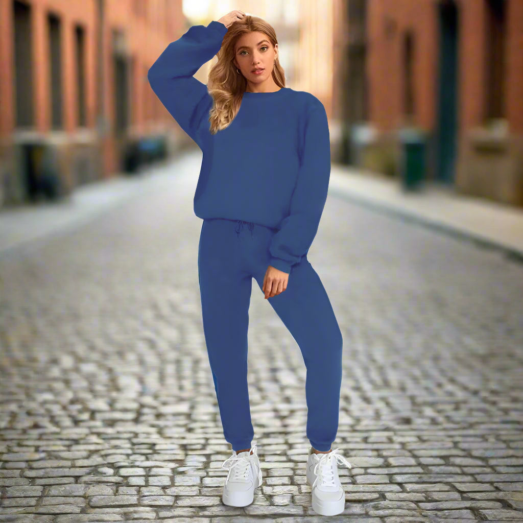 Women's Solid Color Round Neck Pullover Sweatshirt & Jogger Set - Image 6