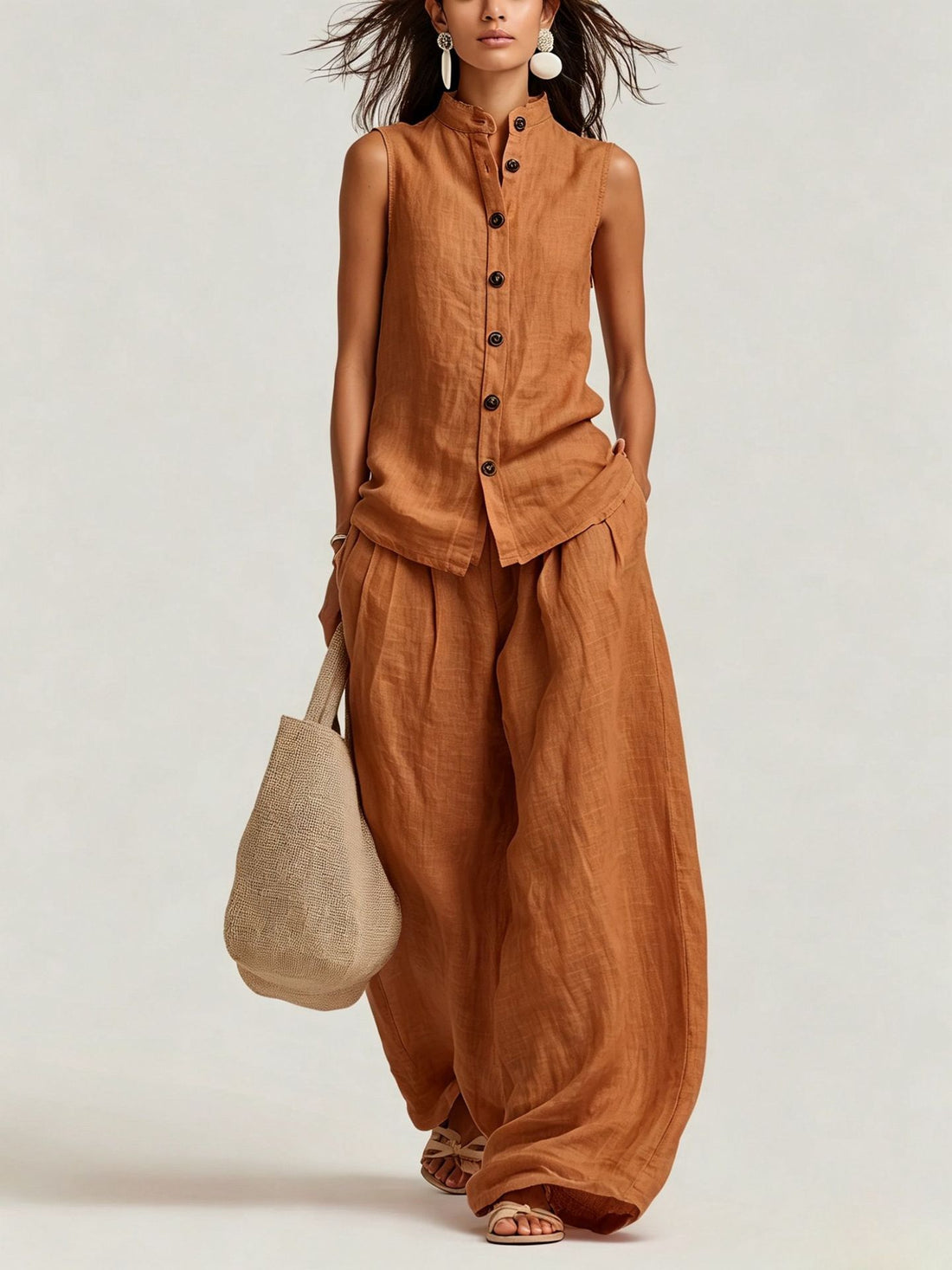 Women's Cotton-Linen Sleeveless Button-Down Vest and Wide Leg Set - Image 7