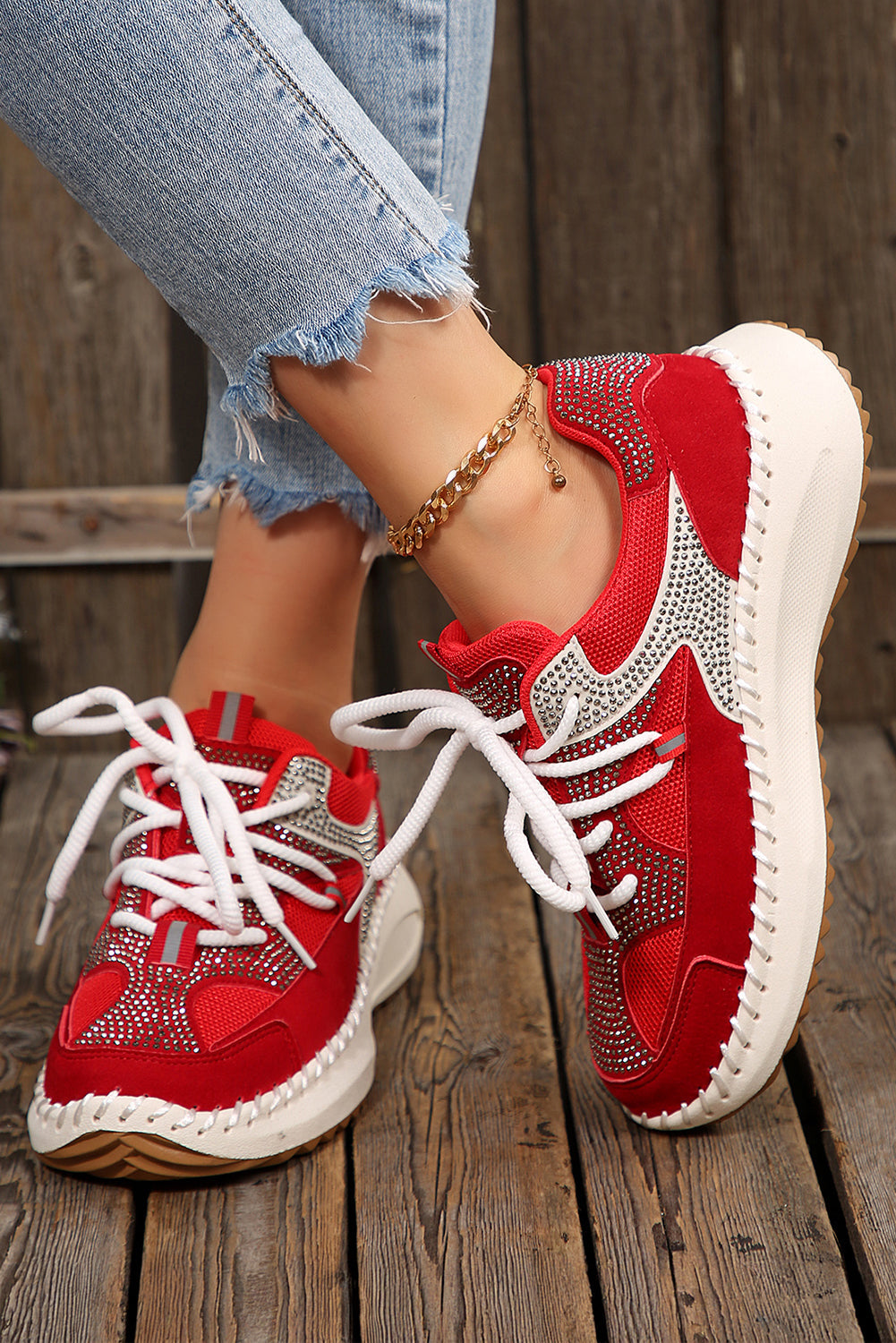 White Rhinestone PU Leather Platform Casual Sneakers