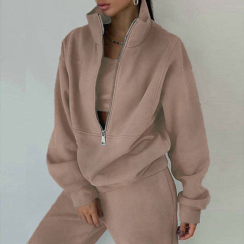 Women's 2-Piece Zip Neck Sweatshirt and Slim Fit Pants Set - Image 2