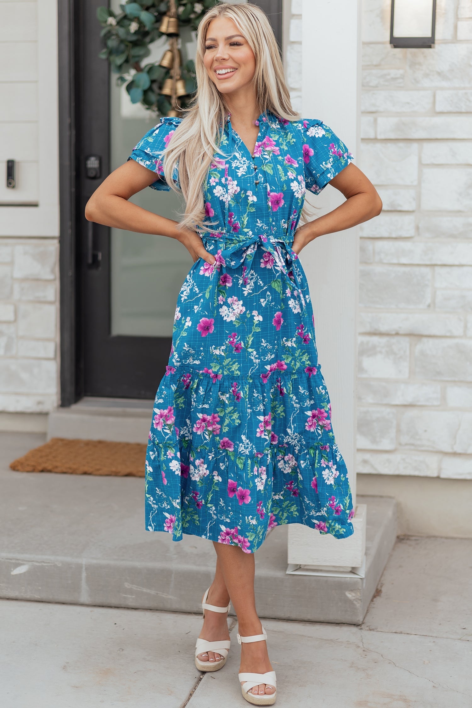 Blue Floral Flutter Sleeve Maxi Dress with Belted Split Neck