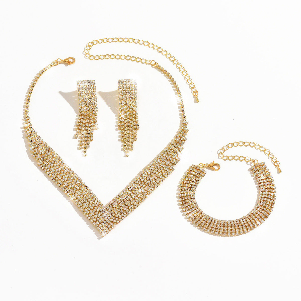 Women 3 Pcs Gold Tone V Shape Tassel Rhinestone Jewelry Set,Necklace Dangle Earrings Bracelet,Glam Bridal Costume Accessories For Wedding Banquet Party Occasion