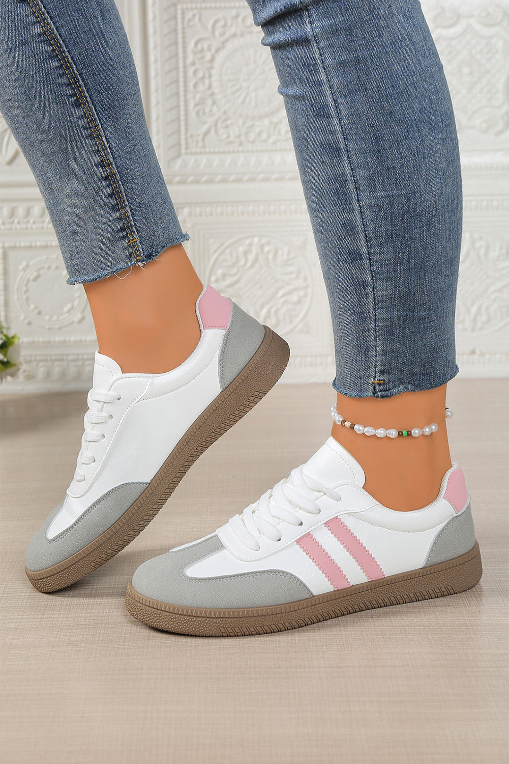 Pink Striped Patchwork Lace Up Sneakers | PU Leather