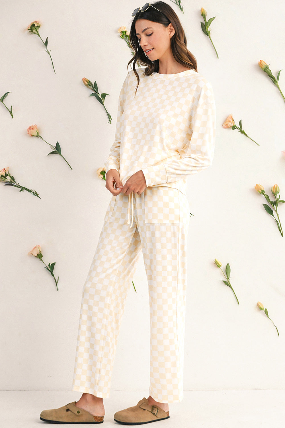 Beige Checkered Print Long Sleeve Loose Fit Pajama Set