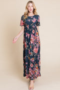Elegant floral print short sleeve maxi dress with shirred bodice detail