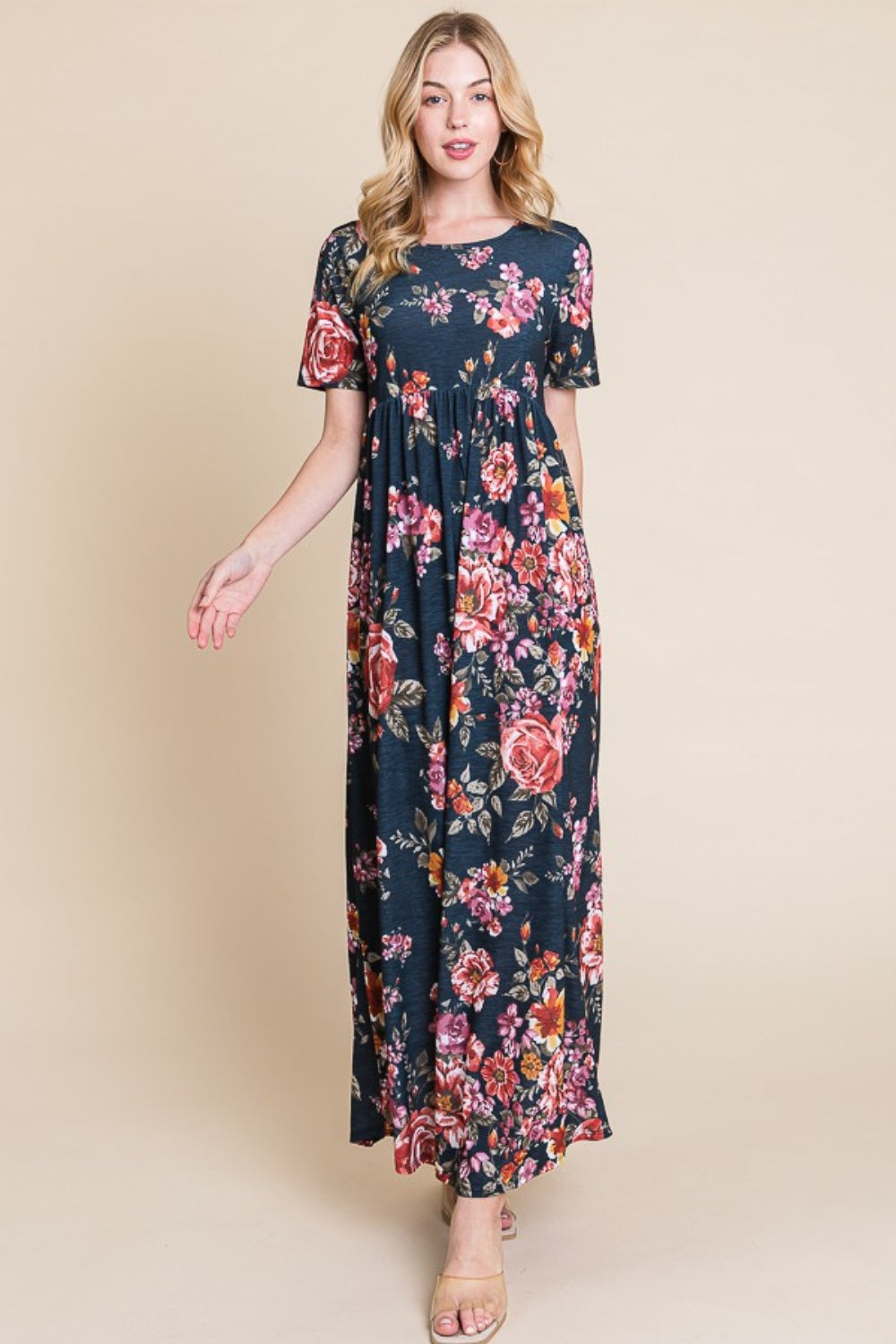 Elegant floral print short sleeve maxi dress with shirred bodice detail