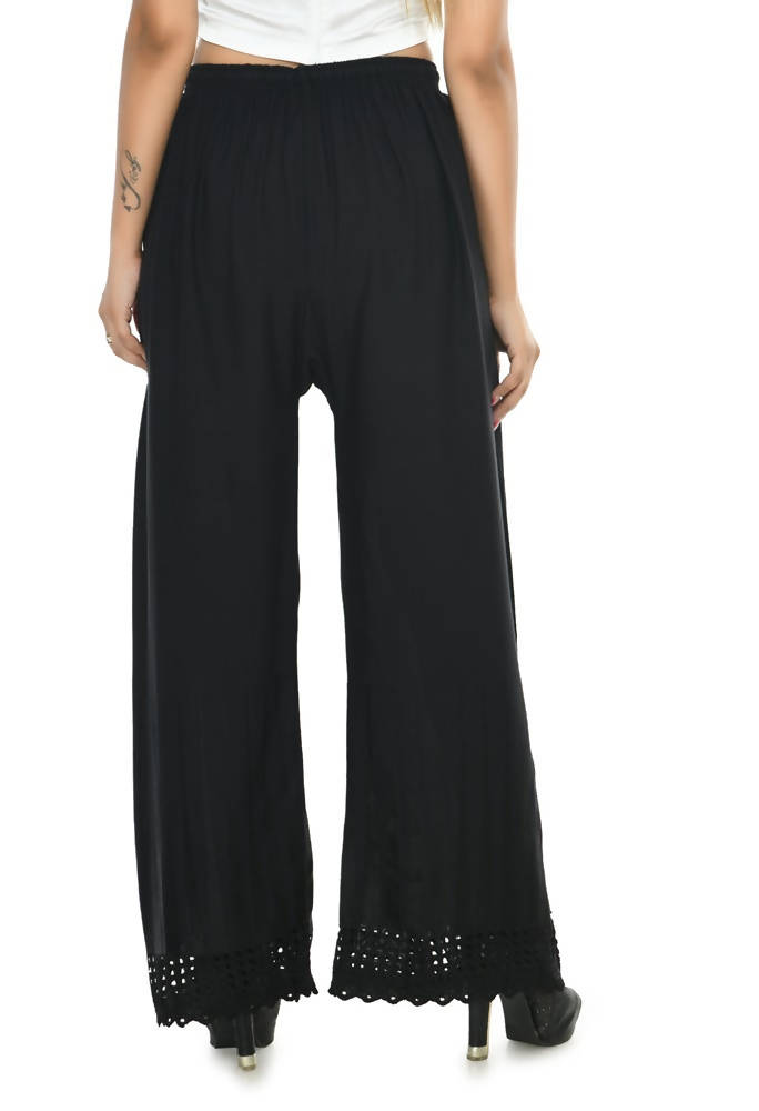 Black Cut Work Border Palazzo Pants in Rayon Cotton