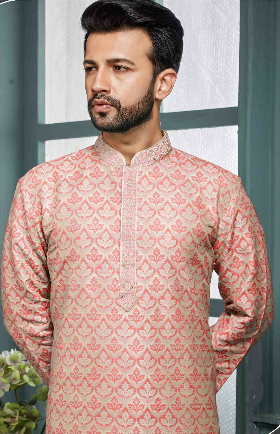 Peach Poly Jacquard Kurta Pajama Set for Boys and Toddlers