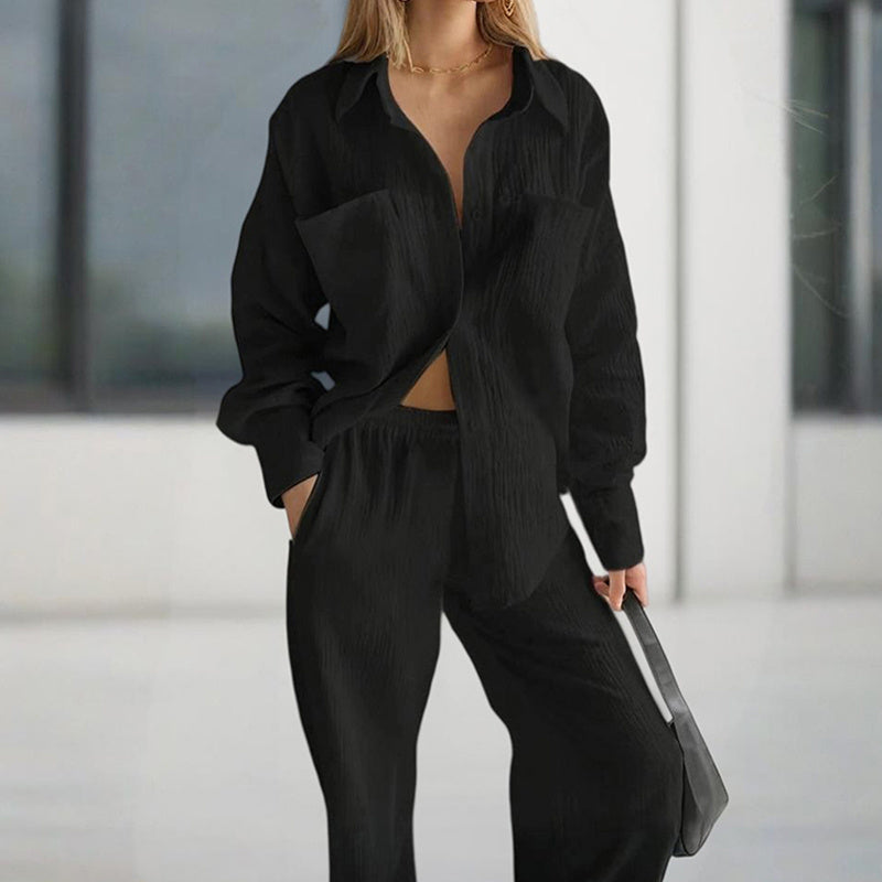 Women's Solid Color Casual Button Down Lounge Set Two Piece